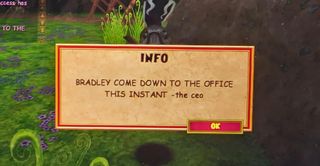 In-game message in Wizard101 reading "BRADLEY COME DOWN TO THE OFFICE THIS INSTANT -the ceo"