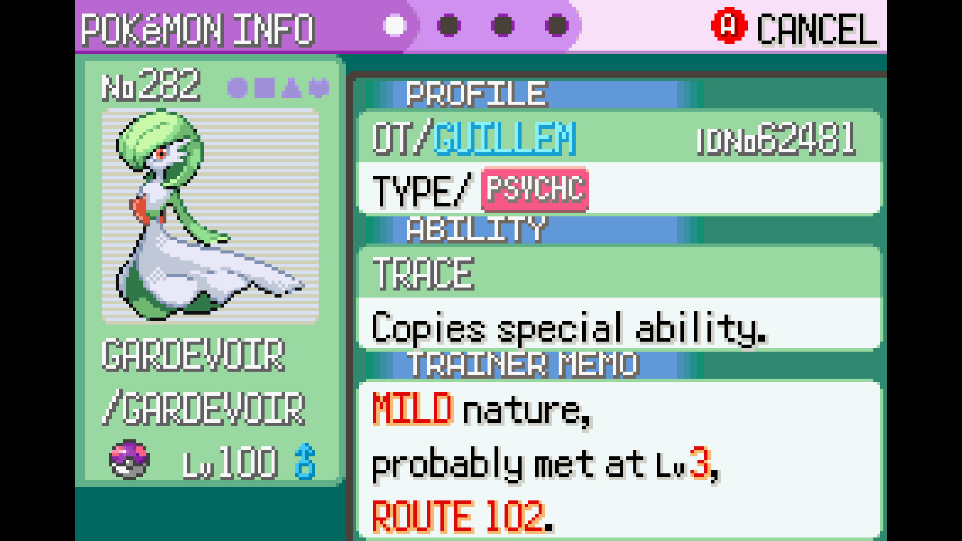 The stats screen of a Gardevoir - from Pokemon Ruby, Sapphire, and Emerald's entry in The Story of Pokemon bookazine