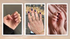 On the left, a close up of Digital Beauty Writer, Sennen Prickett's burgundy French tip nails, in the middle, a close-up of Digital Beauty Editor, Aleesha Badkar's dark burgundy nails and on the left, Digital Beauty Writer, Naomi Jamieson's short plum nails/ in a cream to grey sunset-style template