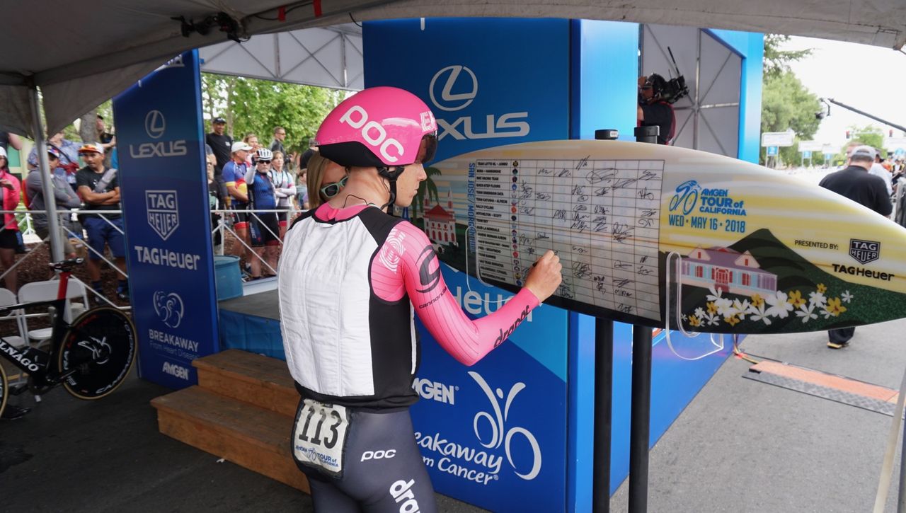 Lawson Craddock donned an ice vest before his 4th-place ride. And yes, sign in at the Amgen Tour of California is on a surf board
