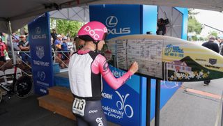 Lawson Craddock donned an ice vest before his 4th-place ride. And yes, sign in at the Amgen Tour of California is on a surf board