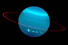 Methane in the atmosphere gives Uranus its blue hue, as seen in this image from the Keck telescope from 2004.