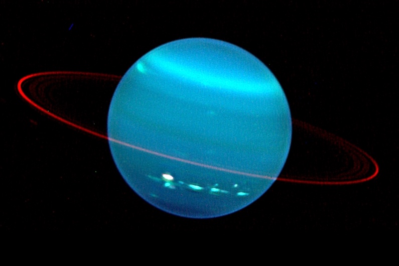 Methane in the atmosphere gives Uranus its blue hue, as seen in this image from the Keck telescope from 2004.