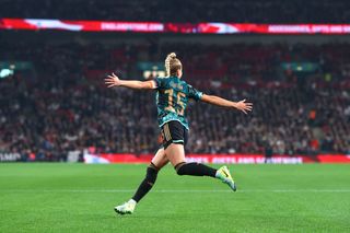 Giulia Gwinn of Germany celebrates scoring their 2nd goal during the Women's international friendly between England and Germany at Wembley Stadium on October 25, 2024 in London, England.