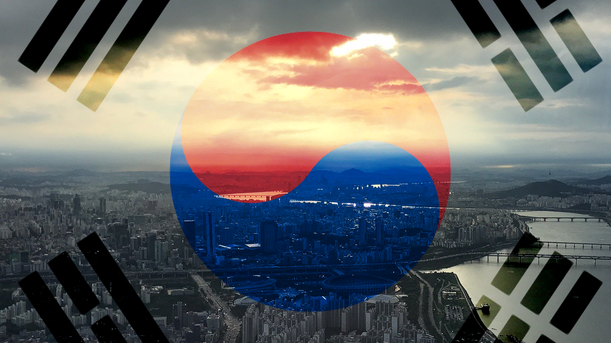 South Korea flag over Seoul.