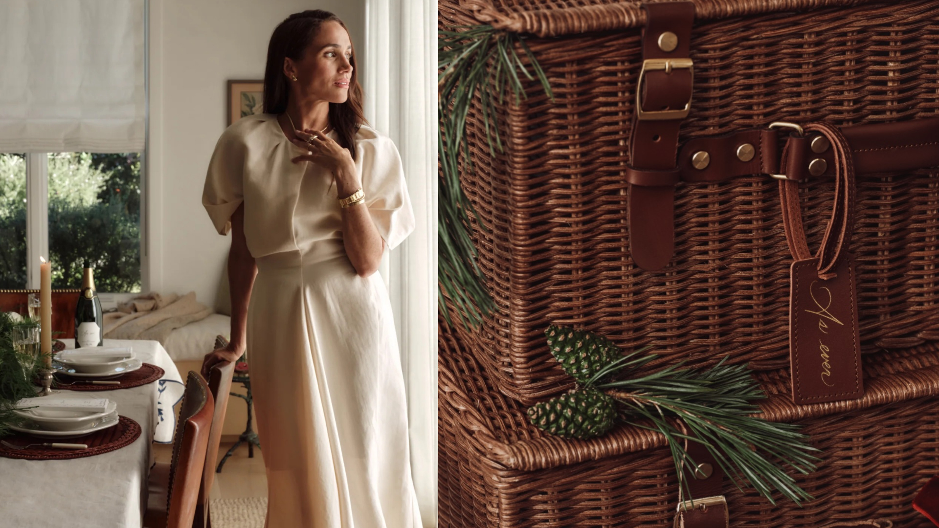 A split image of Meghan Markle in a white dress standing at a table and wicker baskets with evergreens on them
