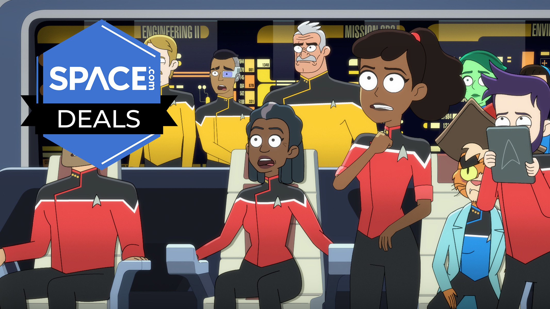 Star Trek: Lower Decks, the crew on the bridge, looking shocked.