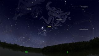 The radiant, or point of origin, of the Lyrid meteor shower is in the constellation Hercules, near the border with the Lyra constellation.