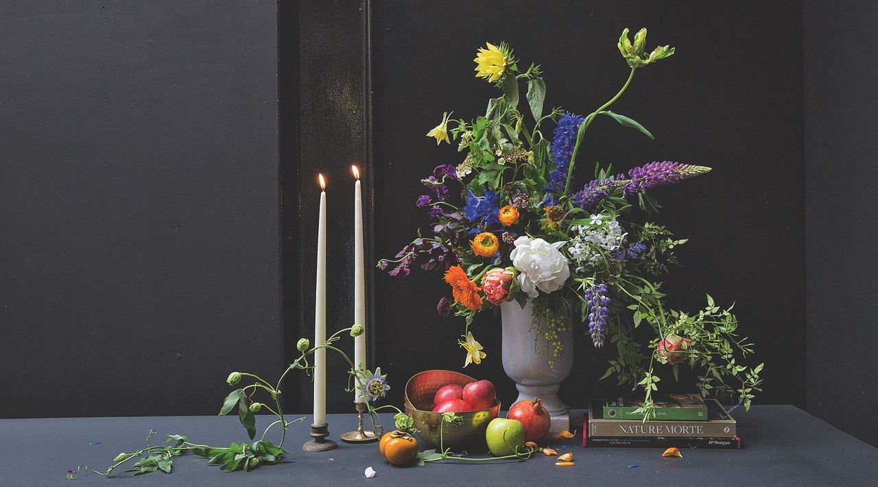 still life flowers in a tall vase