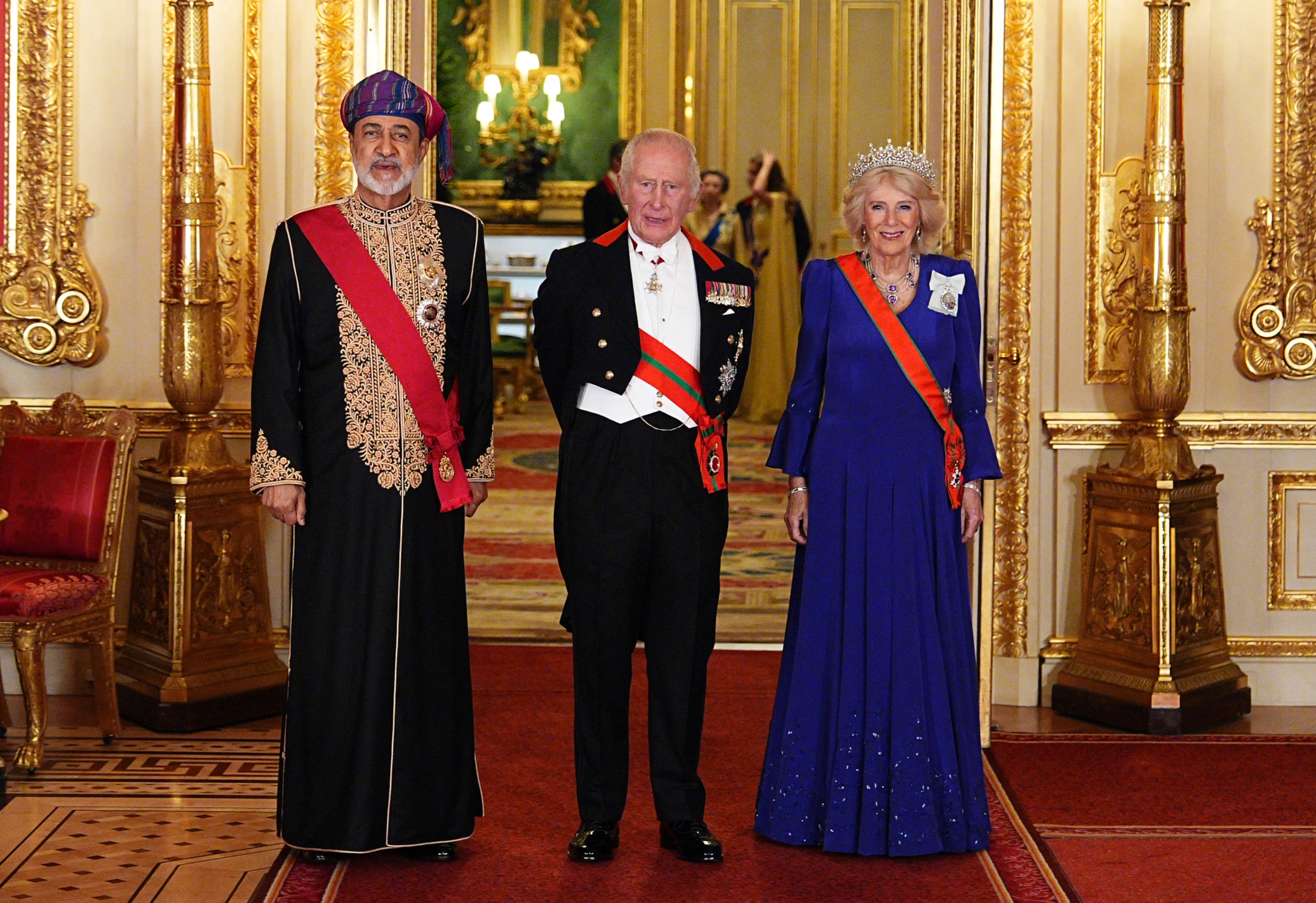 King Charles III and Queen Camilla arrive for the state banquet for the Sultan of Oman, Sultan Haitham bin Tarik al Said at Windsor Castle.
