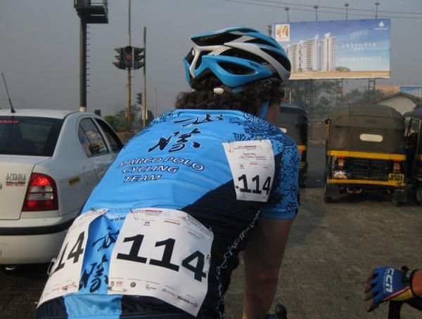 Leon van Bon from the Marco Polo Cycling Team waiting at a traffic light on the way to the start of the Mumbai Cyclothon in India.