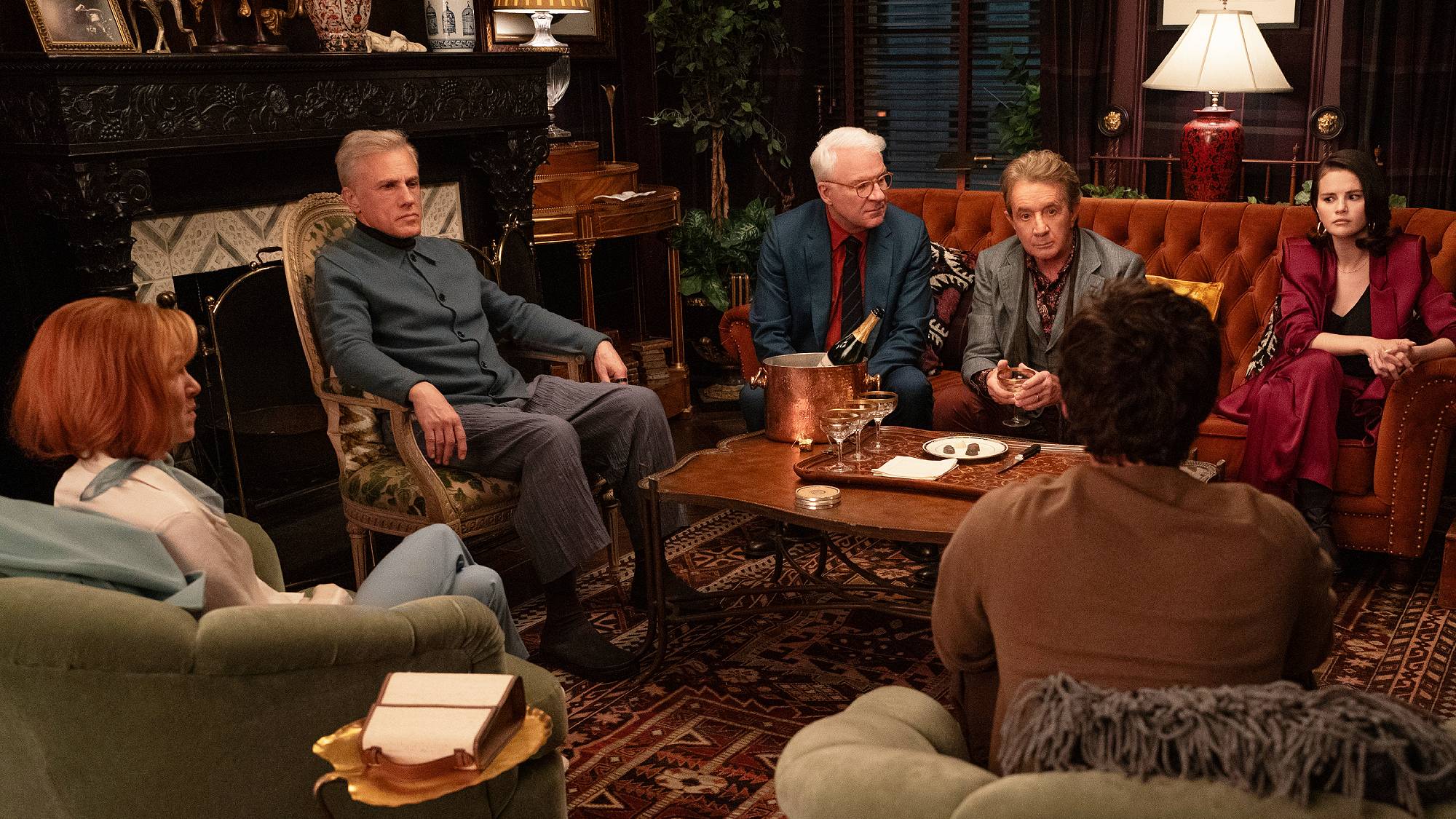 Ren&amp;eacute;e Zellweger, Christopher Waltz, Steve Martin, Martin Short, Selena Gomez, and Logan Lerman in &quot;Only Murders in the Building&quot; season 5