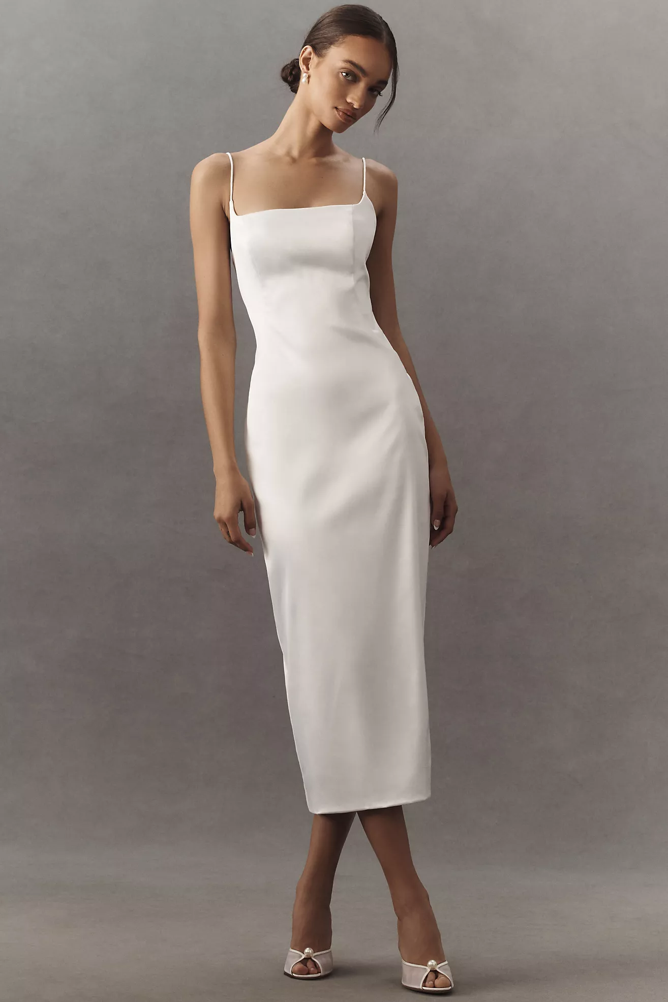 Bhldn Square-Neck Back-Slit Slim Stretch Satin Midi Dress