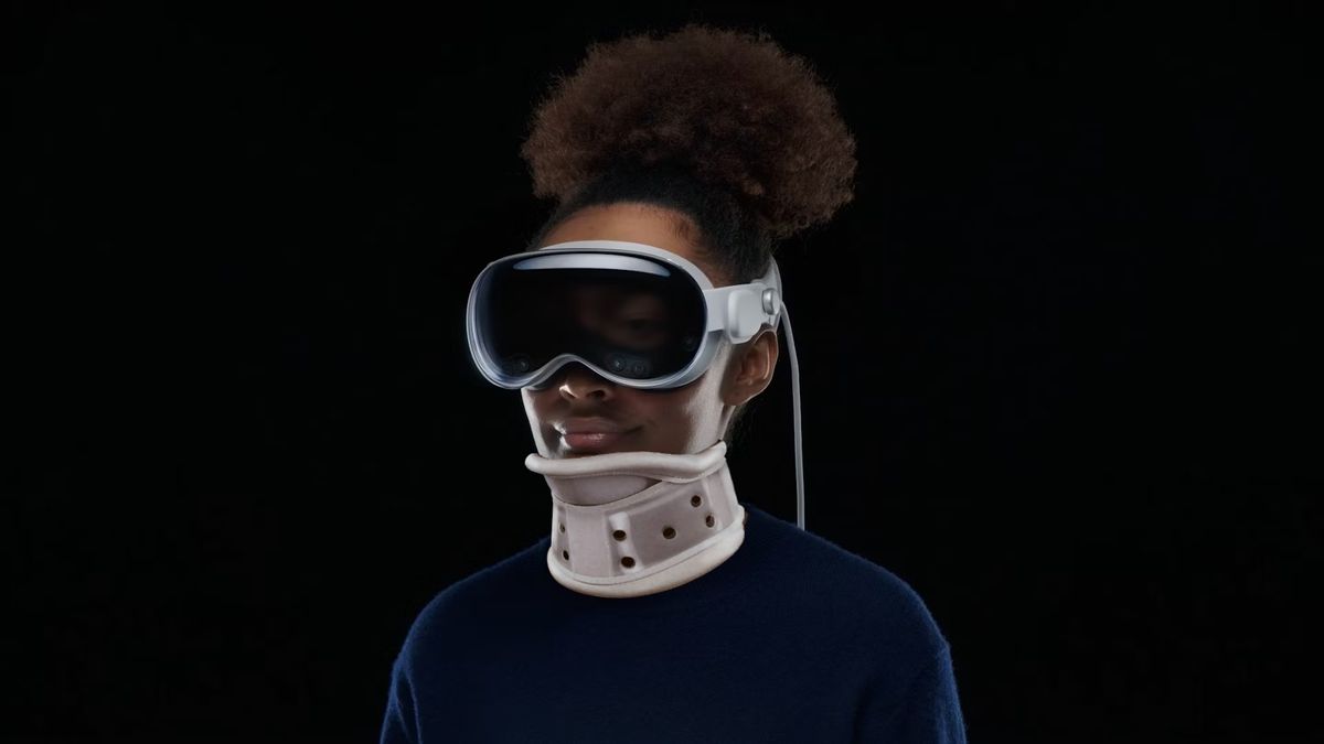 Apple Vision Pro wearer in neck brace