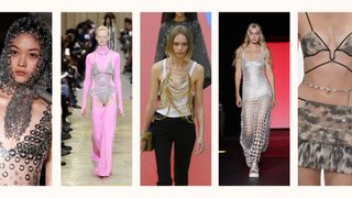 models wearing chains by Paco Rabanne, Nensi Dojaka, Stella McCartney, Chloe, Burberry
