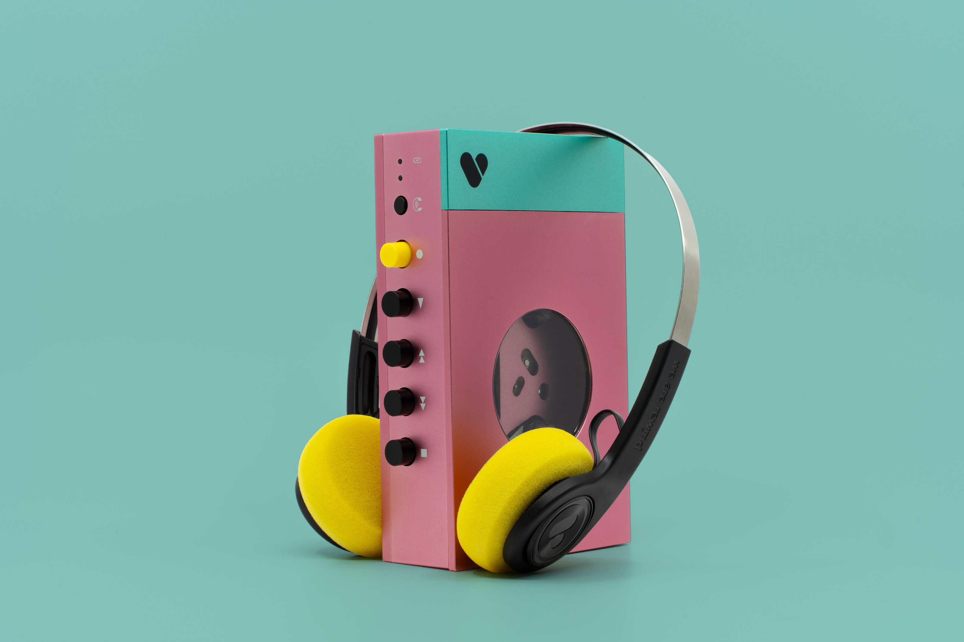 Edith WE-001 cassette player by We Are Rewind, with EQ-001 wireless headphones
