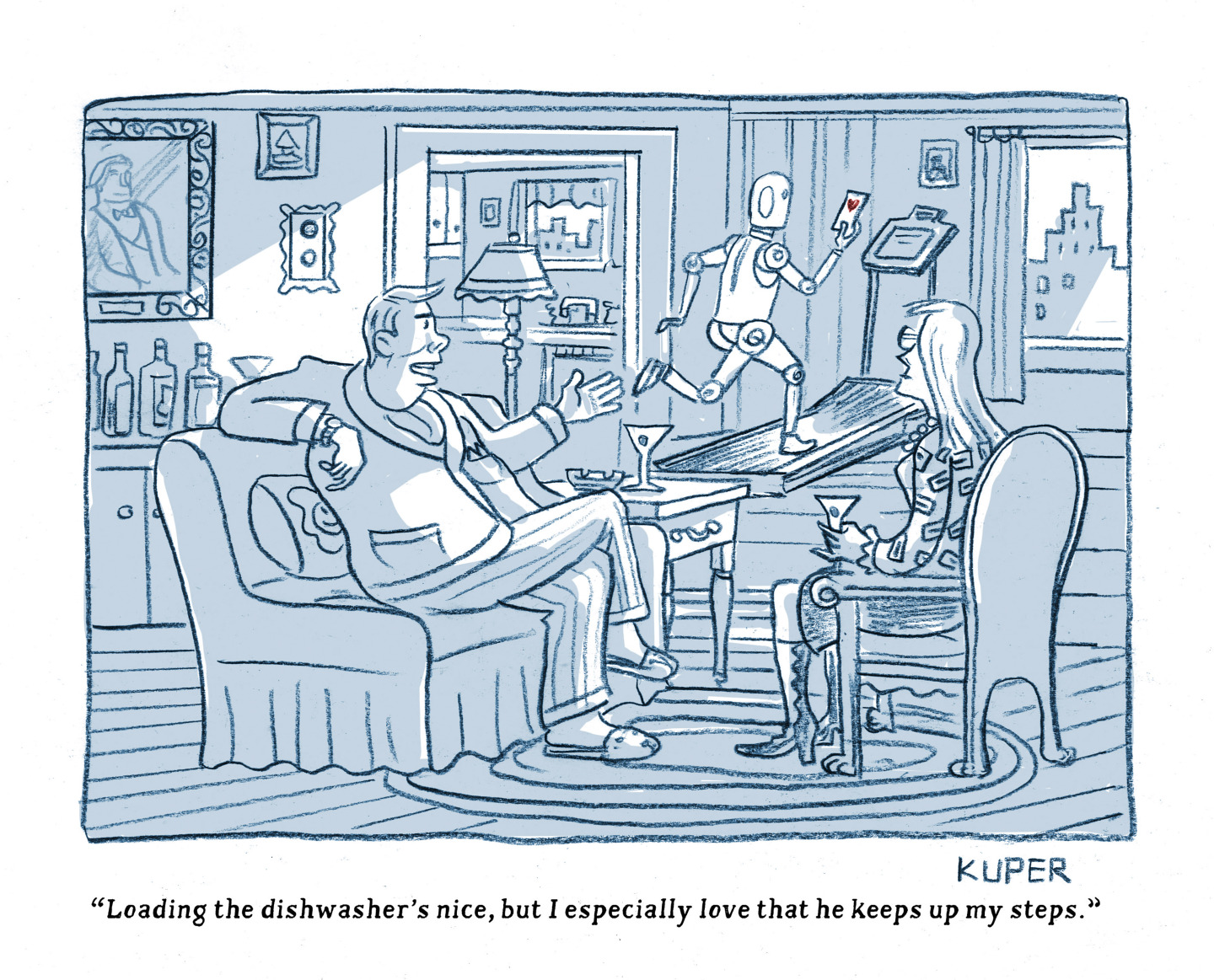 A man relaxes on his couch in a fashionable city apartment with a martini on a side table. A woman is in an armchair with a martini in her hand. The man gestures at a human-shaped robot who holds a cell phone as it sprints on a treadmill. The man says, &amp;ldquo;Loading the dishwasher&amp;rsquo;s nice, but I especially love that he keeps up my steps.&amp;rdquo;