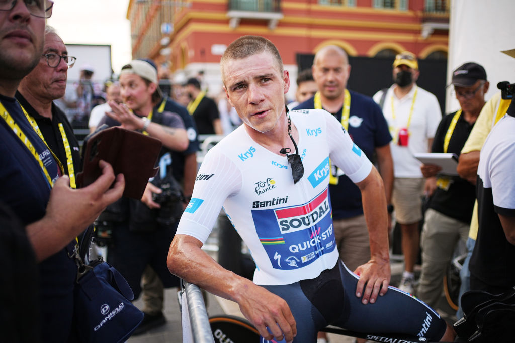 NICE, FRANCE - JULY 21: Remco Evenepoel of Belgium and Team Soudal Quick-Step - White Best Young Rider Jersey reacts after the 111th Tour de France 2024, Stage 21 a 33.7km individual time trial from Monaco to Nice / #UCIWT / on July 21, 2024 in Nice, France. (Photo by Laurent Cipriani - Pool/Getty Images)