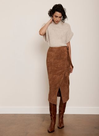 Tan Suede Tie Side Midi Skirt