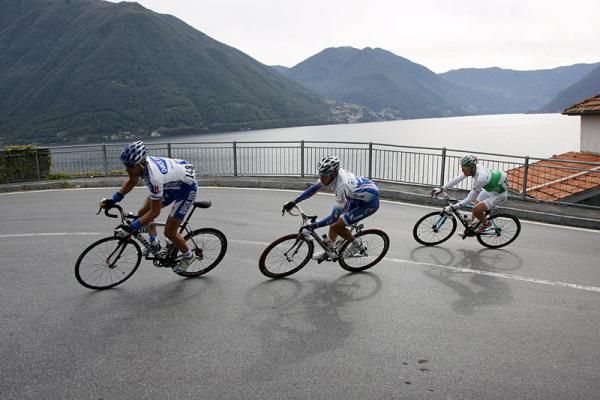 The early break in action (l-r): Marco Velo (Quick Step), Sergey Klimov (Katusha) and Nicolas Roche (AG2R La Mondiale).