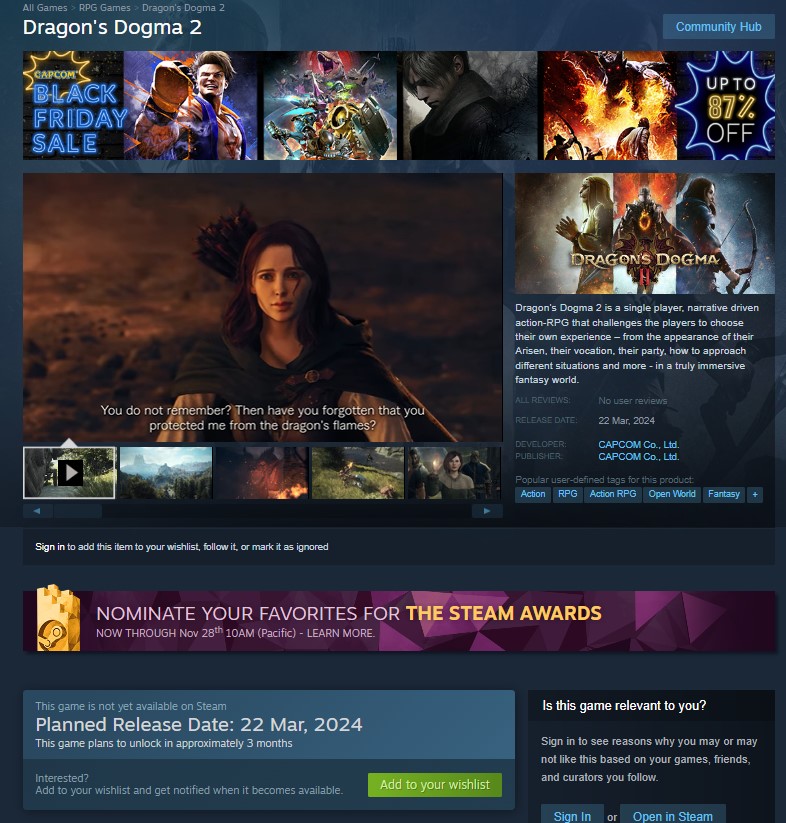 A screenshot of Dragon's Dogma 2's release date on the Steam store page.