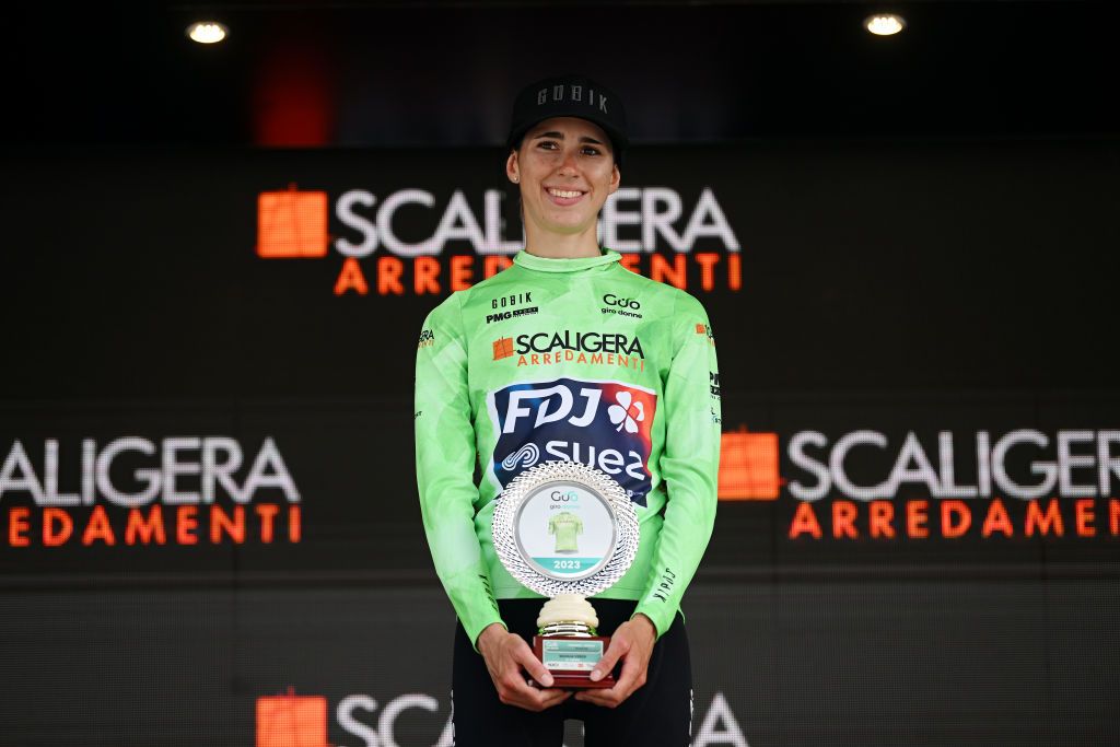 MODENA ITALY JULY 02 Marta Cavalli of Italy and Team FDJ Suez Green Mountain Jersey celebrates at podium during the 34th Giro dItalia Donne 2023 Stage 3 a 1182km stage from Formigine to Modena UCIWWT on July 02 2023 in Modena Italy Photo by Dario BelingheriGetty Images