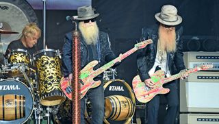 (from left) Frank Beard, Dusty Hill and Billy Gibbons of ZZ Top perform at the 2019 Bourbon & Beyond Music Festival at Highland Ground on September 22, 2019 in Louisville, Kentucky