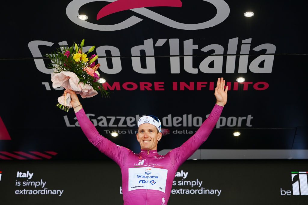 MESSINA ITALY MAY 11 Arnaud Demare of France and Team Groupama FDJ celebrates winning the purple points jersey on the podium ceremony after the 105th Giro dItalia 2022 Stage 5 a 174km stage from Catania to Messina Giro WorldTour on May 11 2022 in Messina Italy Photo by Tim de WaeleGetty Images