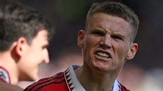 Scott McTominay of Manchester United celebrates after scoring his team's first goal during the Premier League match between Manchester United and Everton at Old Trafford on April 8, 2023 in Manchester, United Kingdom.