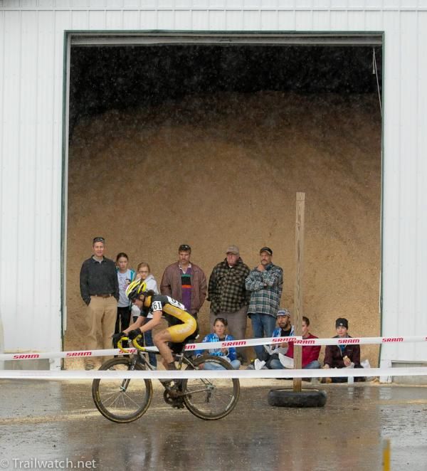 Andrea Smith (Ladies First Racing) exiting the cow barn and into the rain on the final lap.