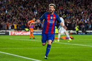 Lionel Messi celebrates after scoring for Barcelona against Manchester City in the Champions League in October 2016.