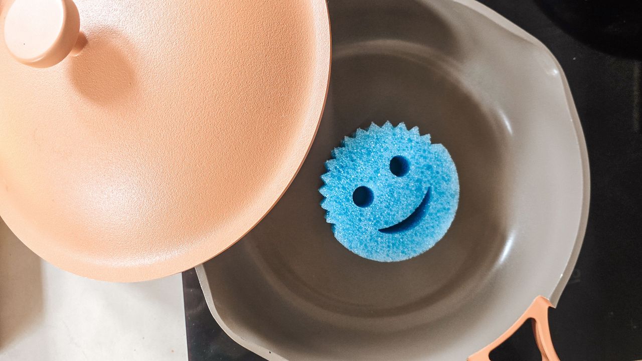 A blue Scrub Daddy inside a pan with a gray interior and a peach lid and handle on top of a black hob