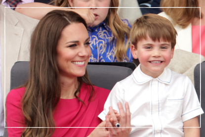 Kate Middleton in pink dress with Prince Louis