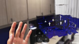 An image of a 3d miniature of scanned interior next to a small hand menu and virtual surrogate of a drone above