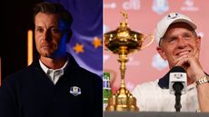 Henrik Stenson looks on, with Luke Donald smiling next to the Ryder Cup