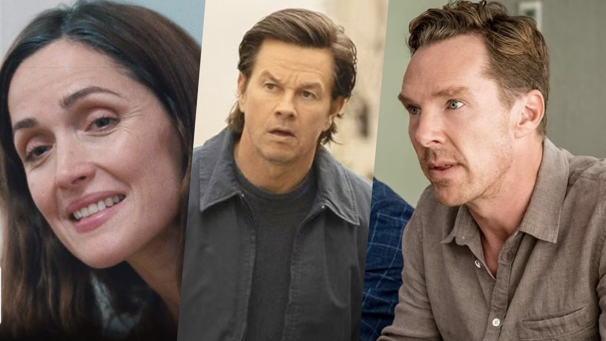 (L-R) Rose Byrne as Linda in &quot;If I Had Legs I&#039;d Kick You,&quot; Mark Wahlberg as Dan Morgan in &quot;The Family Plan 2,&quot; and Benedict Cumberbatch as Theo Rose in &quot;The Roses&quot;. 