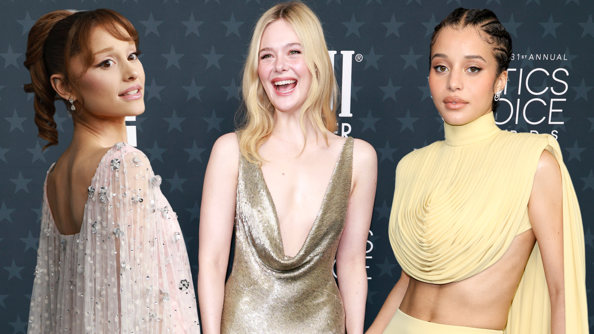 ariana grande, elle fanning, and chase infiniti from the 2026 critics choice awards best dressed list