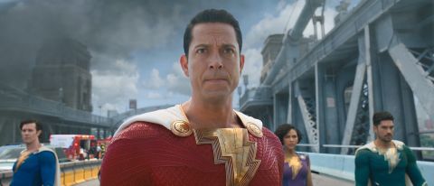 A close up of Shazam with his siblings behind him in Shazam! Fury of the Gods
