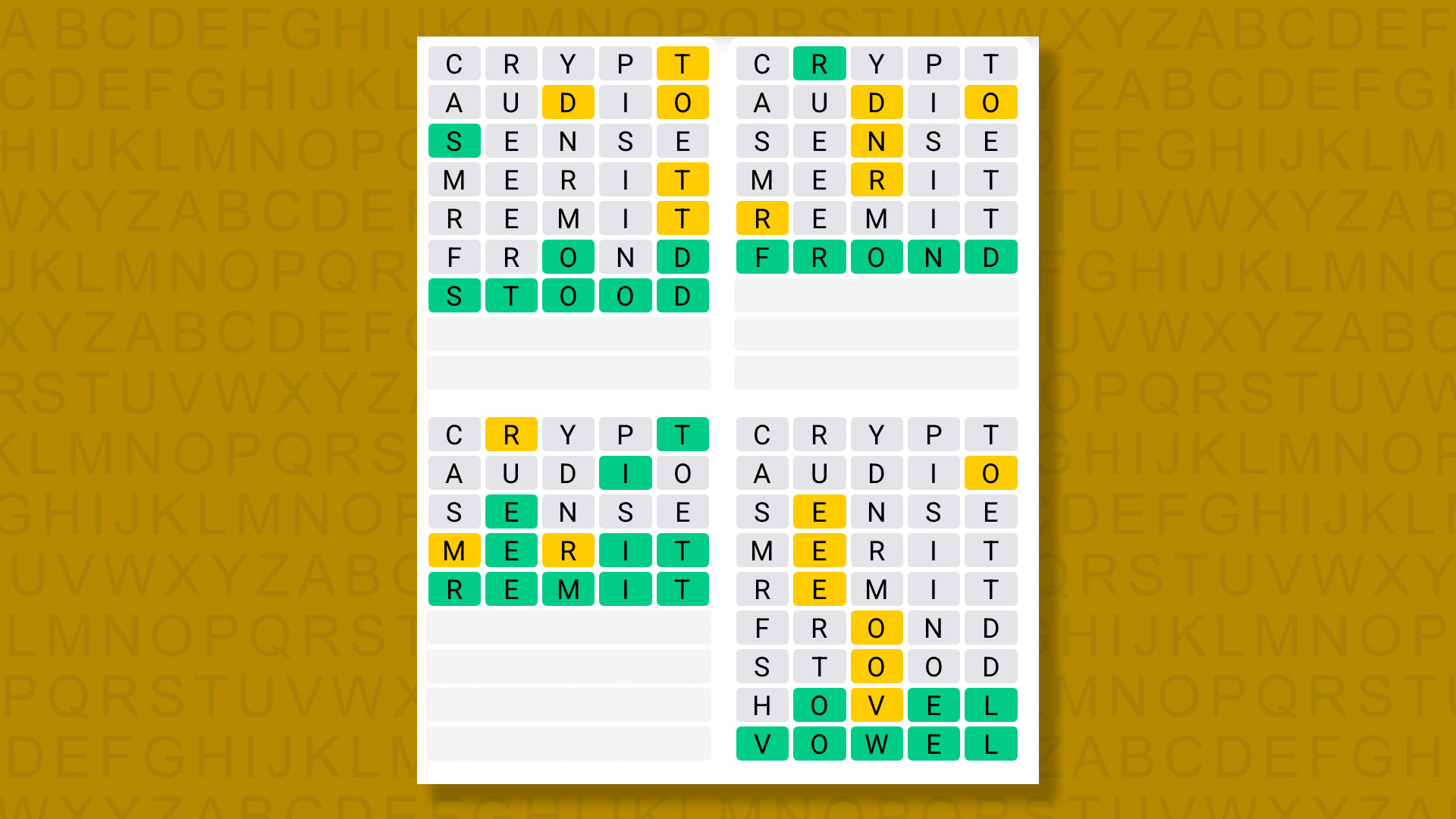 Quordle answers for game 1589 on a yellow background