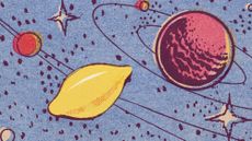 Illustrative collage of a lemon orbiting a red star, rendered in a vintage comic book style