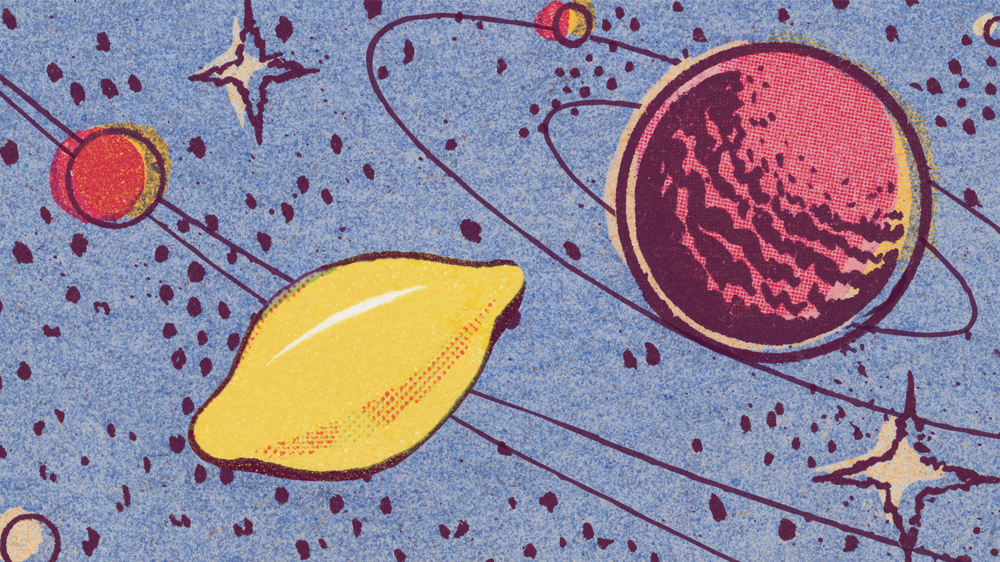 Illustrative collage of a lemon orbiting a red star, rendered in a vintage comic book style