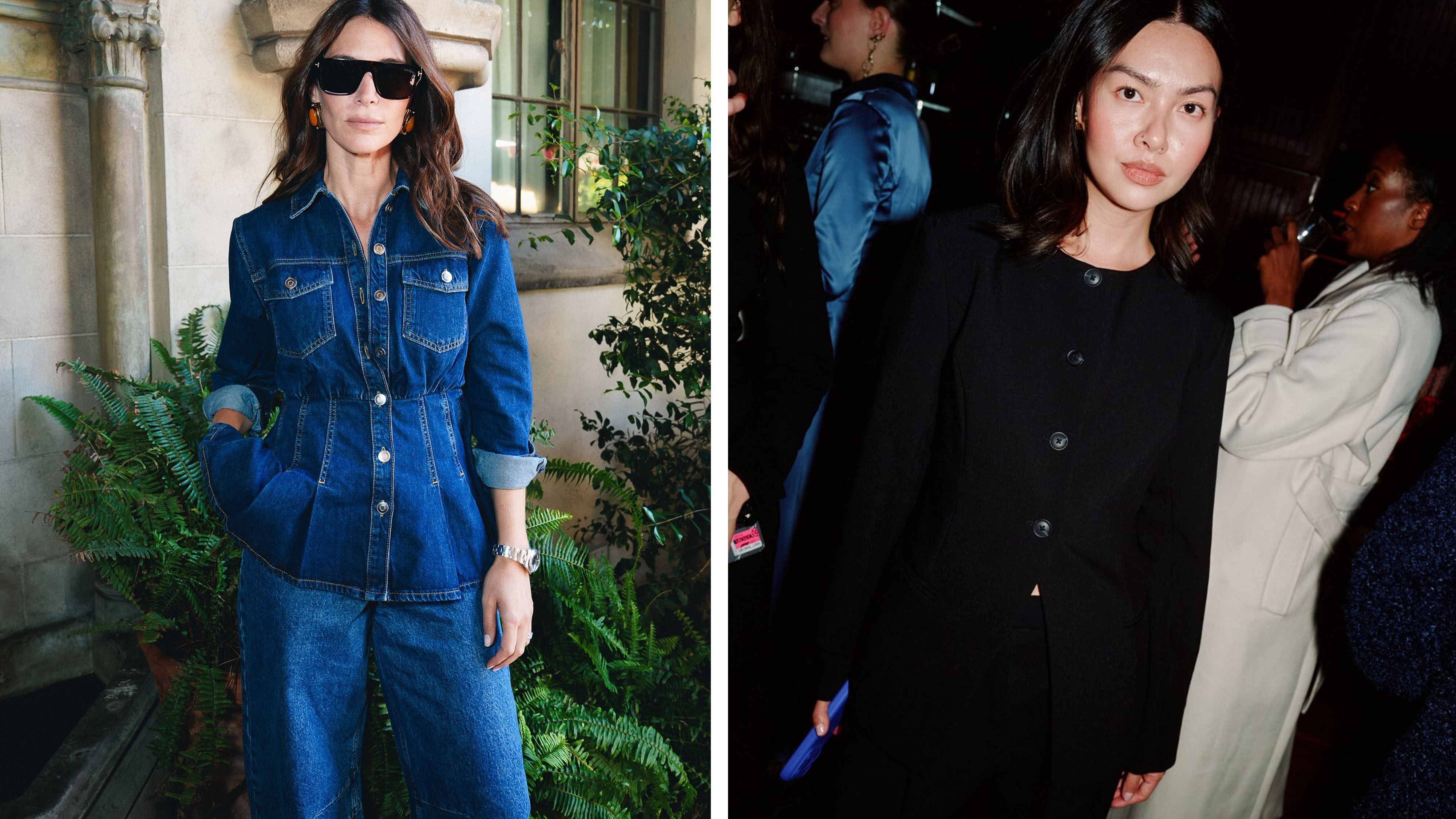 Woman in Aligne denim outfit; woman in Aligne tailored blazer