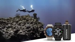 Garmin Descent Mk3, Descent G1, and Descent T2 transceiver next to a photo of a scuba diver
