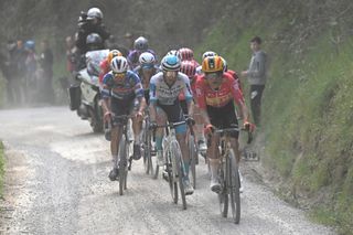 SIENA ITALY MARCH 08 Pello Bilbao of Spain and Team Bahrain Victorious competes during the 19th Strade Bianche 2025 Mens Elite a 213km one day race from Siena to Siena 320m UCIWT on March 08 2025 in Siena Italy Photo by Tim de WaeleGetty Images