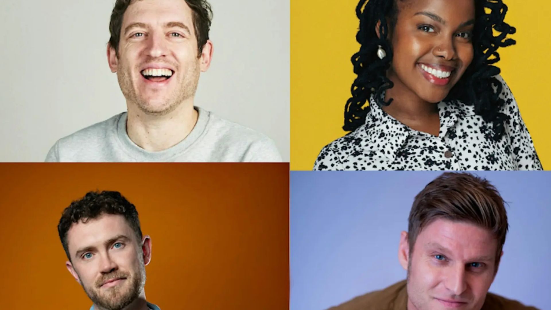 an image of four comedians on the lineup of the festival's opening night, they are Scott Bennett, Sharon Wanjohi, Elis James with MC Peter Flanagan
