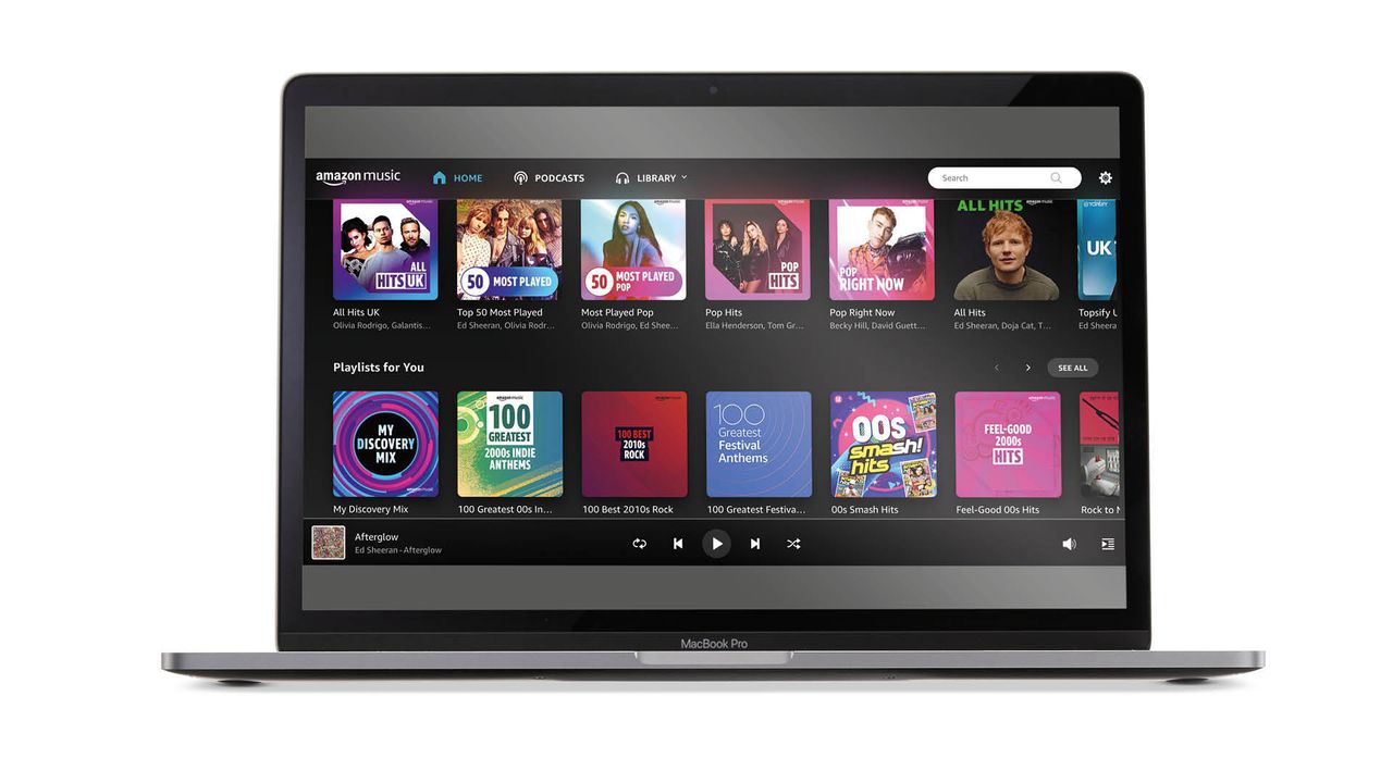 A laptop on a white background running the Amazon Music Unlimited app