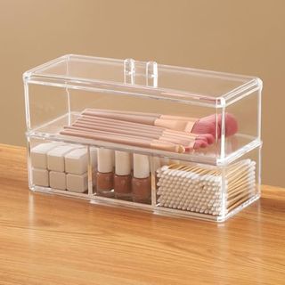 2 Tier 4 Slot Drawer Organizers Set, Make-Up Organizers Drawer, Acrylic Stackable Organiser Drawers Clear Stackable Storage Drawers Cosmetic Organizer for Vanity Kitchen Cabinet Makeup Bathroom Office