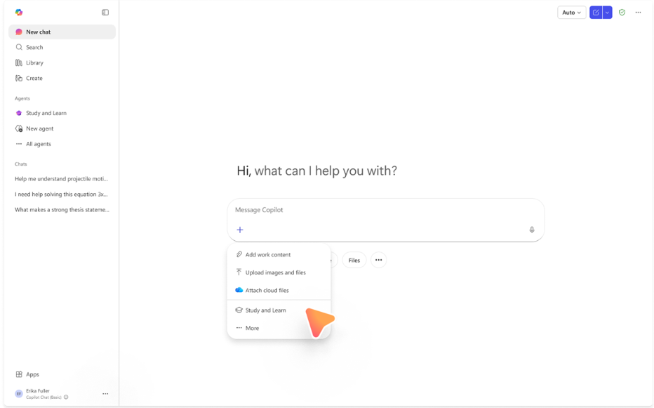 A screenshot of Copilot with the Study and Learn agent about to be selected.