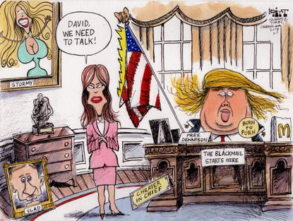 Political cartoon U.S. Trump affair allegations Melania Stormy Daniels David Dennison Putin Russia investigation