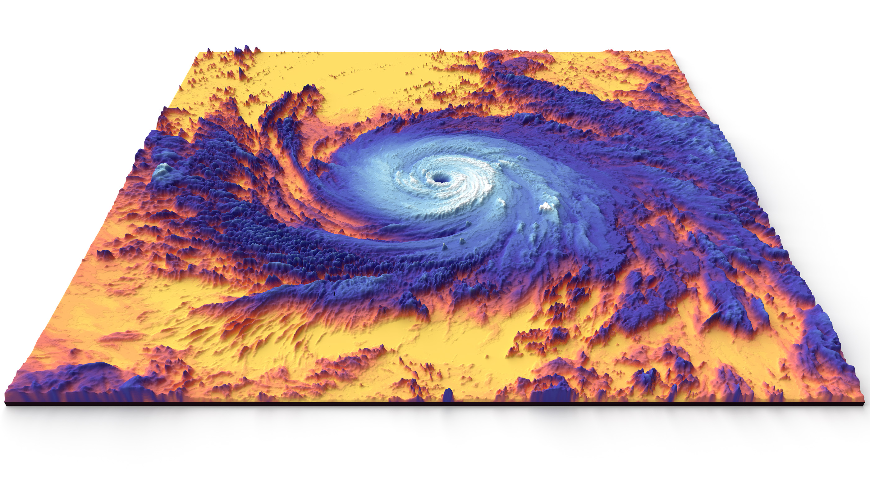NASA's Terra satellite captured this thermal (heat) image of Category 5 Hurricane Maria in 2017. Yellow and orange are the warm ocean waters, and blue and white are the hurricane’s tall, cool cloud tops.